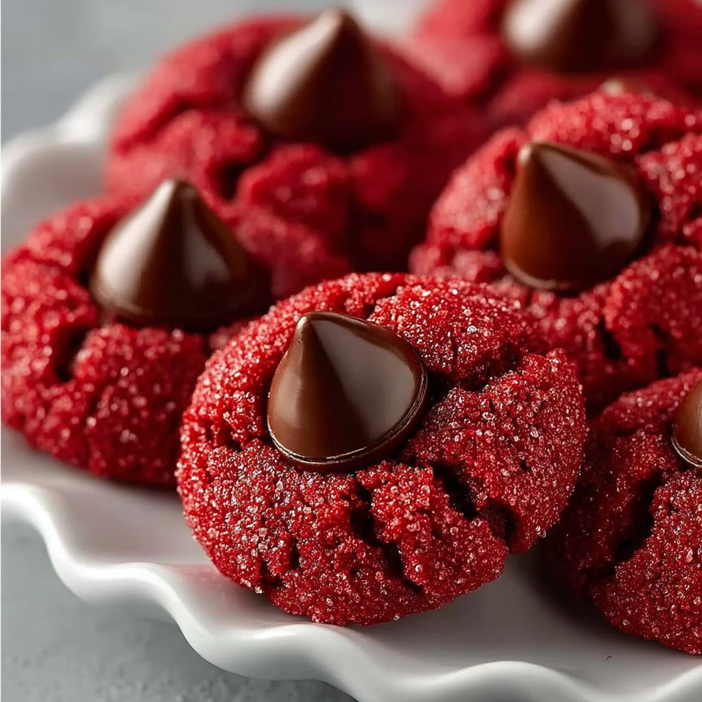 A plate of red velvet cookies with chocolate drizzle.