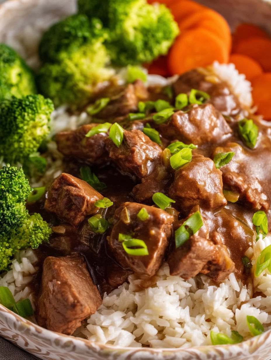 A close up of a delicious meal of beef tips and gravy.