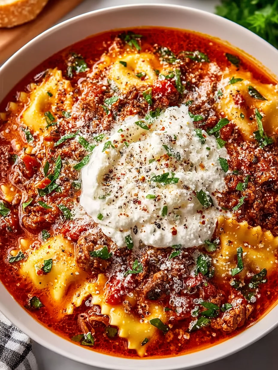 A bowl of crockpot lasagna soup.
