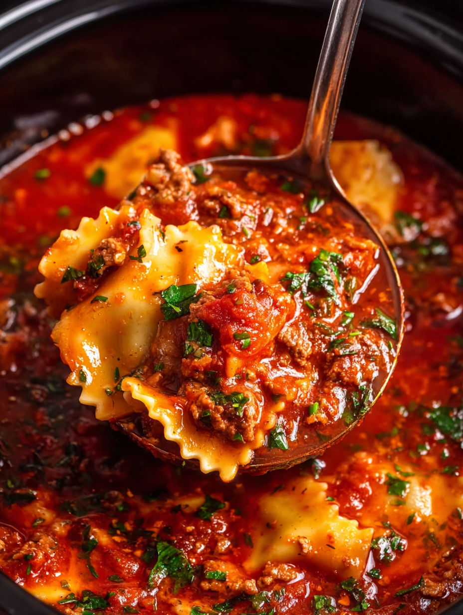 A spoon is in a bowl of lasagna soup.