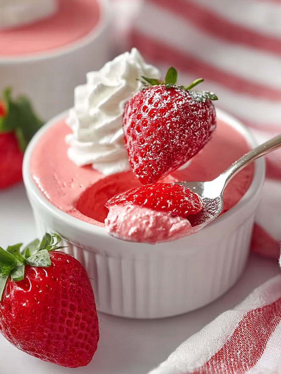 A white bowl with a spoon in it and strawberries on top.