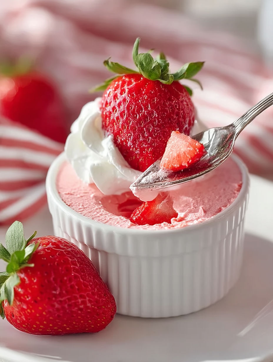 A white bowl with a spoon in it and strawberries on the side.