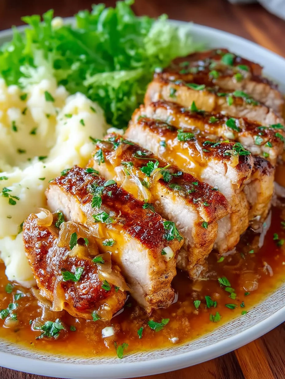 French onion pork chops with a side of mashed potatoes.