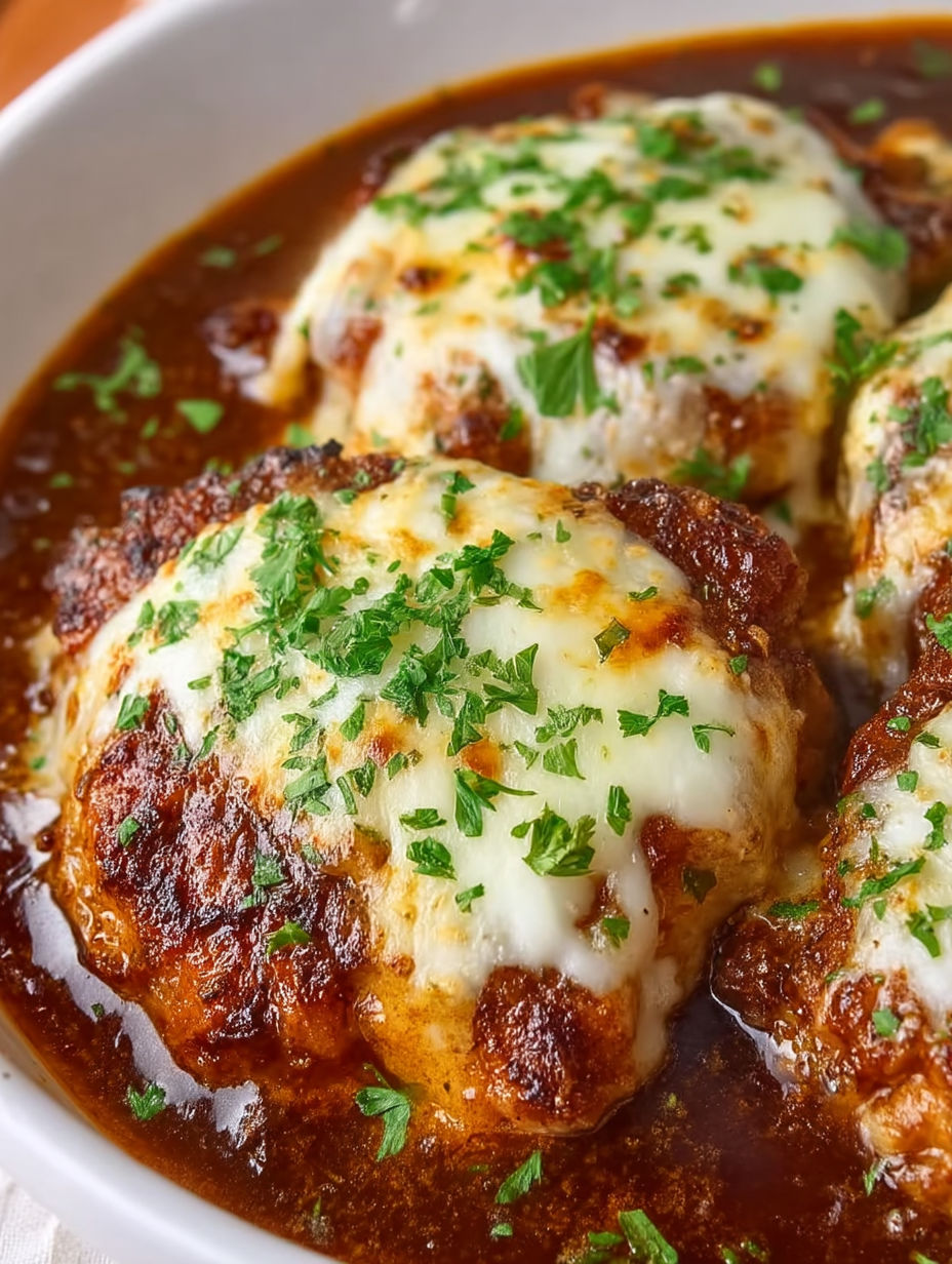 French onion pork chops in a brown sauce.