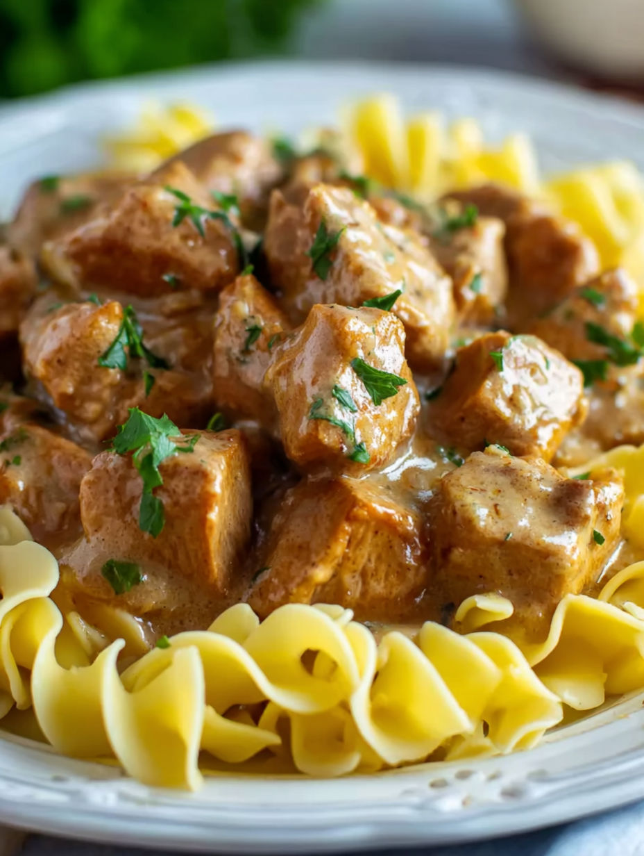 A plate of pork bites with gravy.