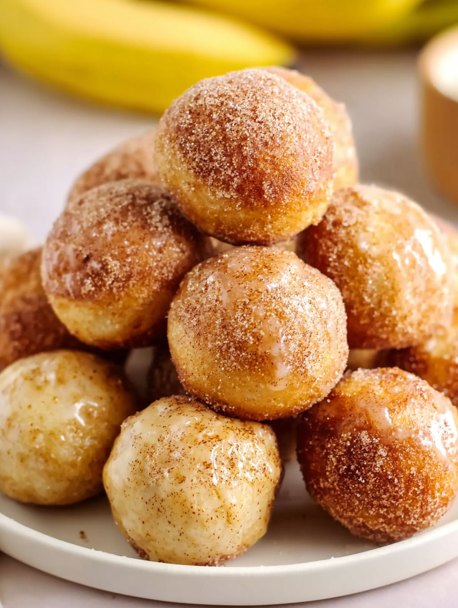 A stack of 2-ingredient air fryer banana donut holes.