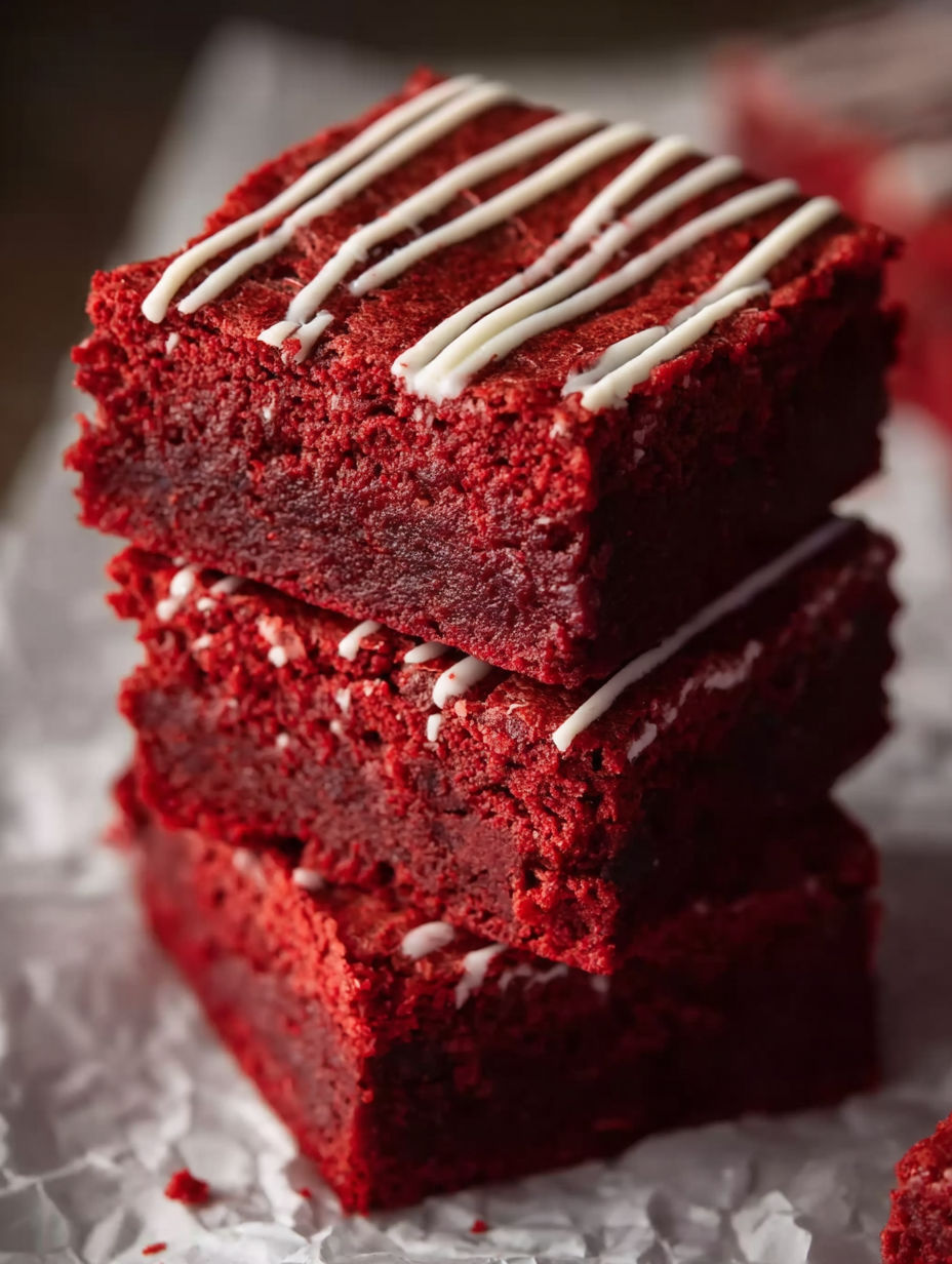 A stack of red velvet cake with white icing.