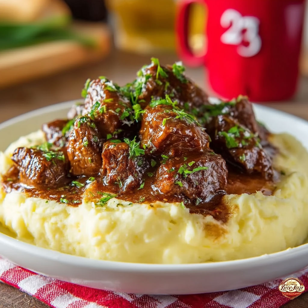 A plate of food with meat and potatoes.