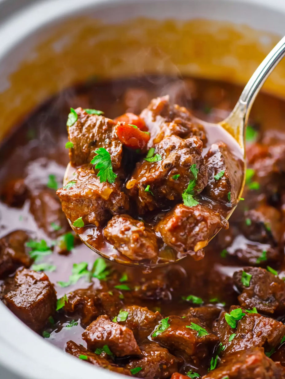 A spoon is in a bowl of steak bites.