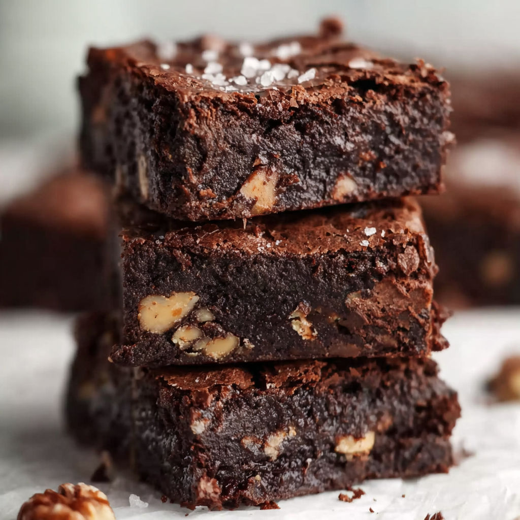 A stack of brownies with nuts on top.