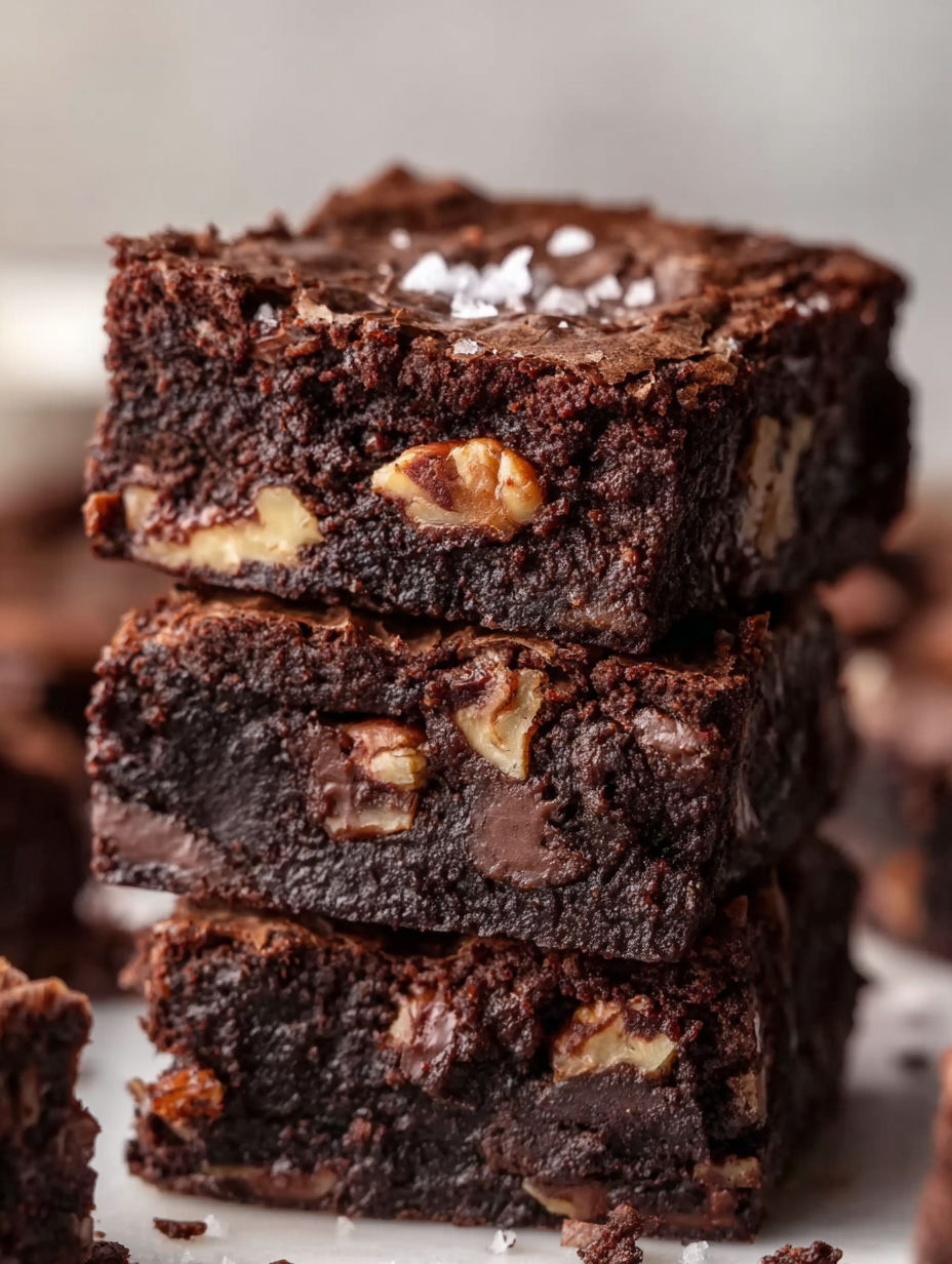 A stack of chocolate brownies with nuts.
