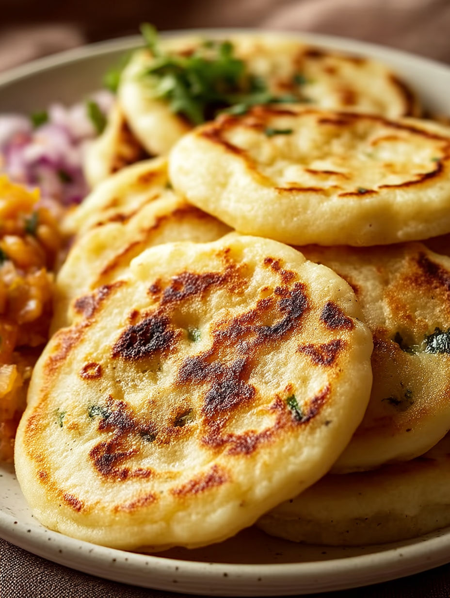 A stack of pita bread with a green topping.