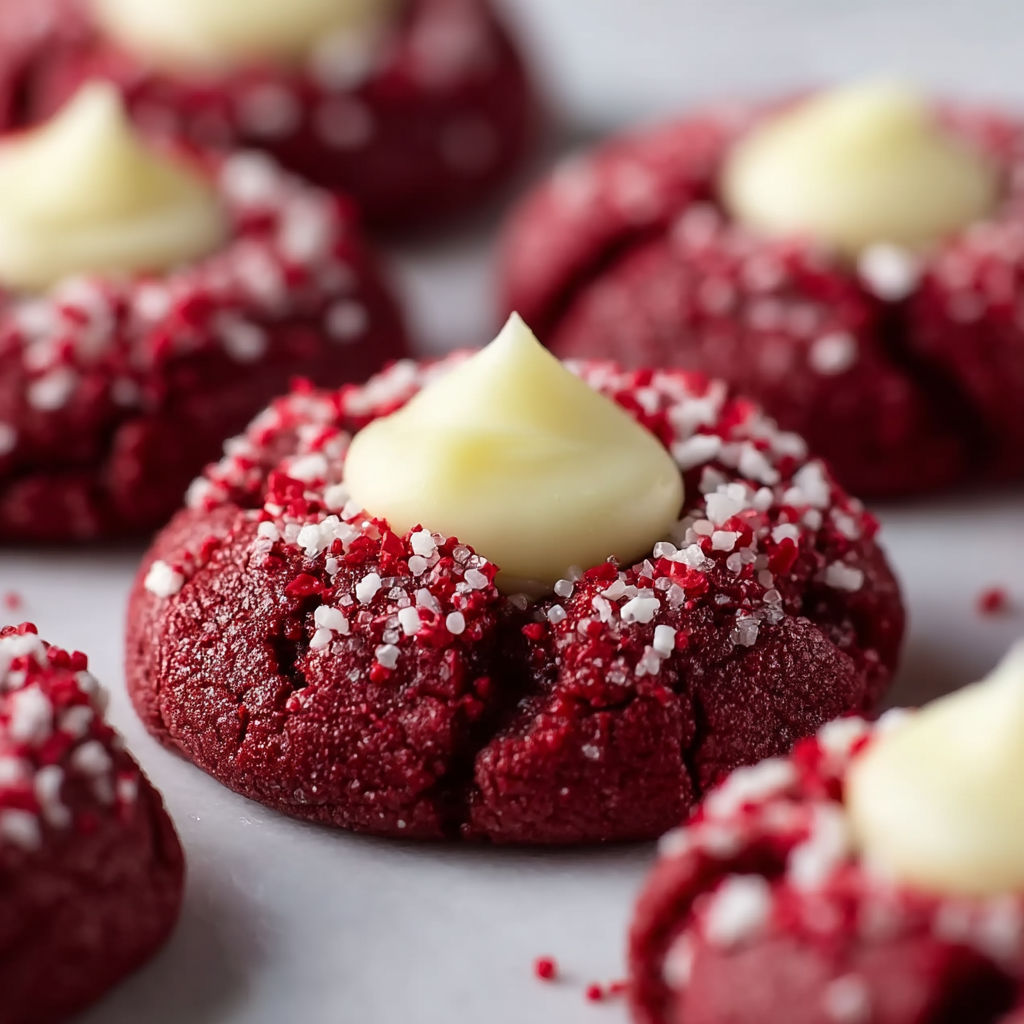 Red velvet thumbprint cookies with white frosting.