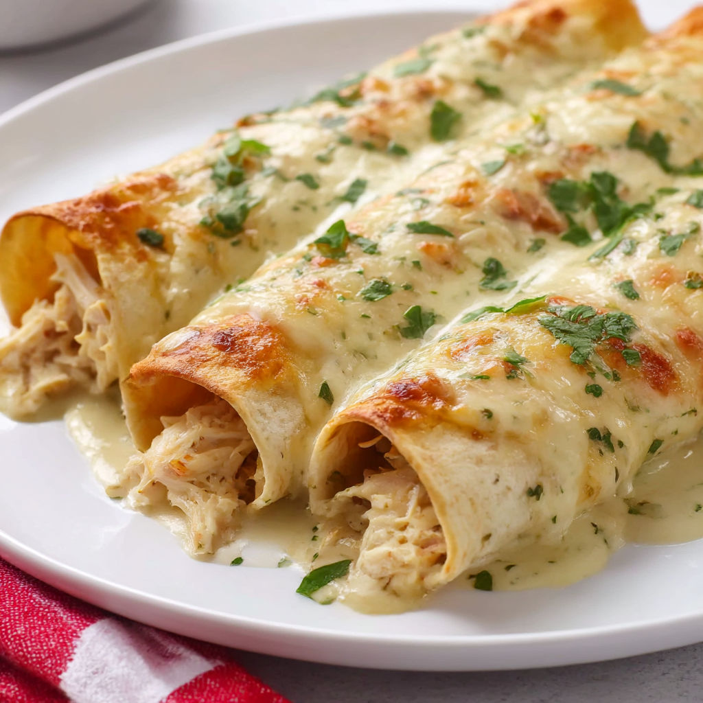 A plate of white chicken enchiladas.