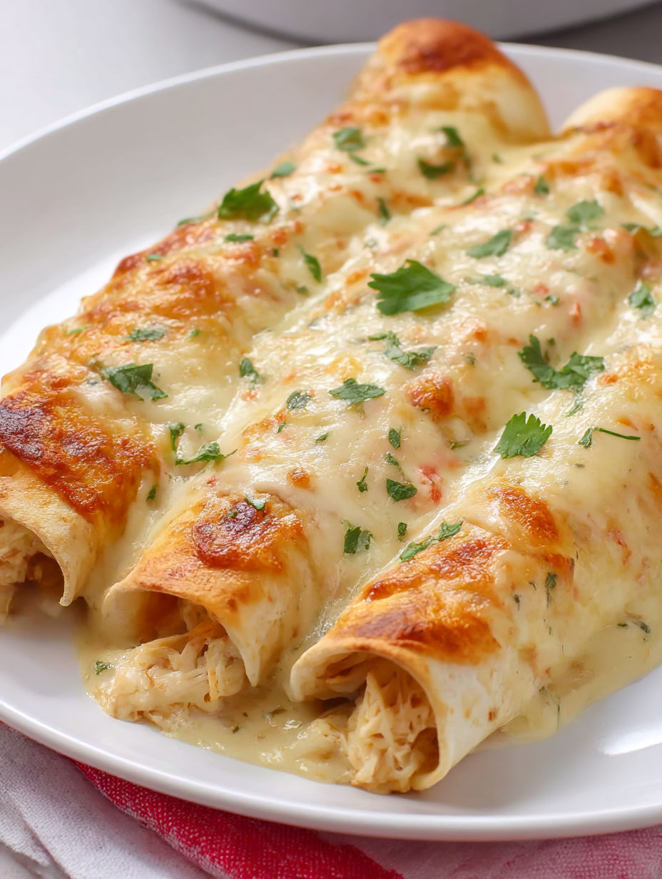 A plate of white chicken enchiladas.