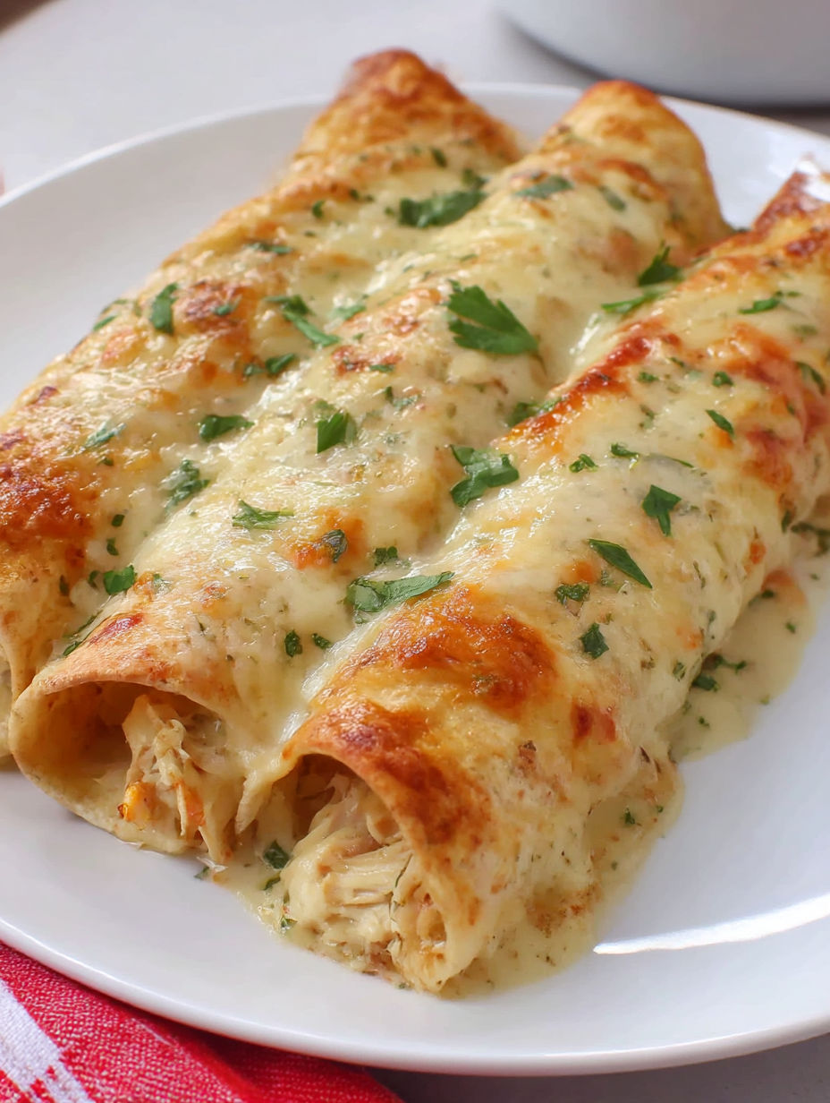 A white plate with two chicken enchiladas on it.