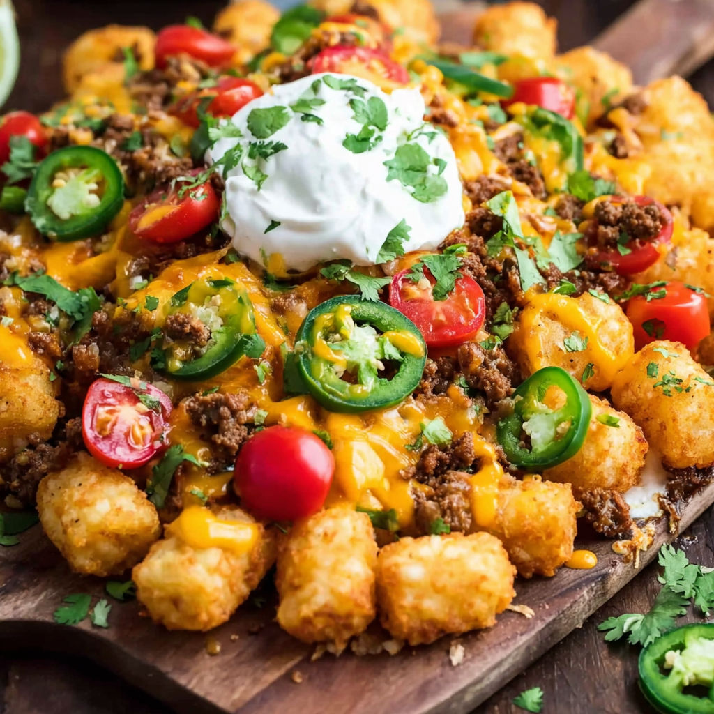 A plate of tater tots with cheese and jalapenos.