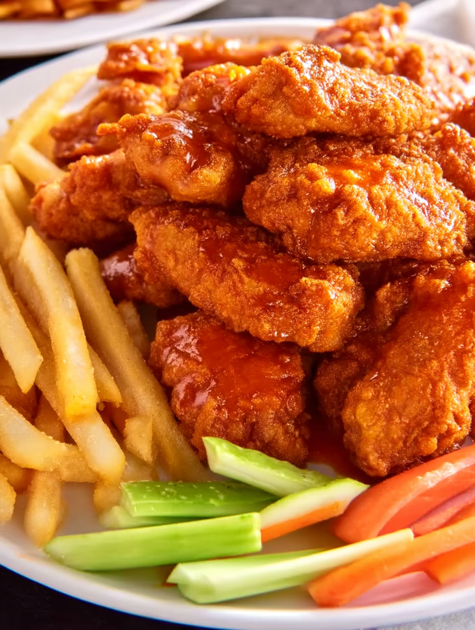A plate of boneless chicken wings with a side of fries.