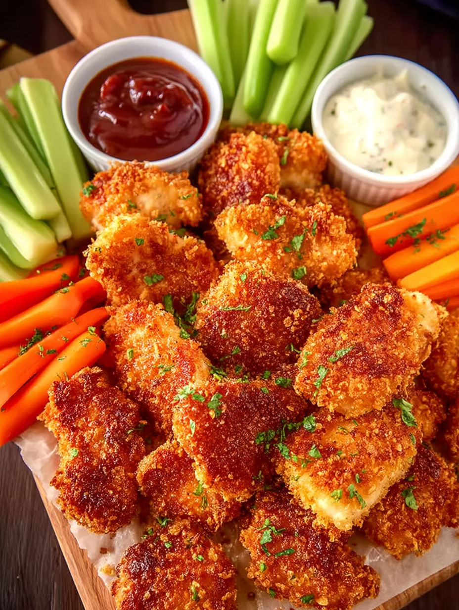 A plate of boneless chicken wings with dipping sauce.