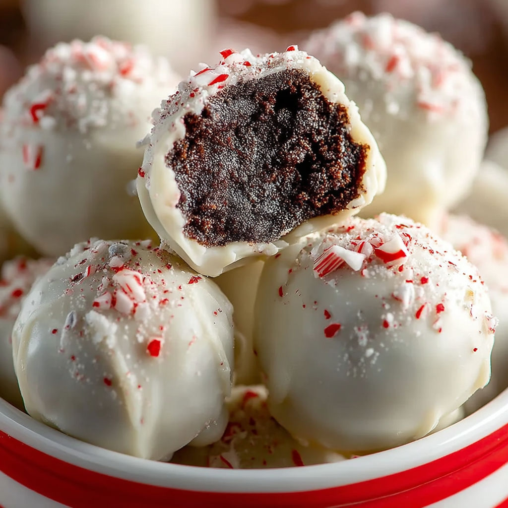 Peppermint Oreo balls in a bowl.