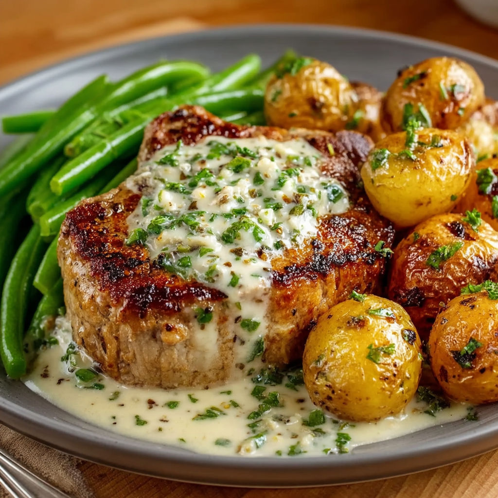 A plate of pork chops with potatoes and green beans.
