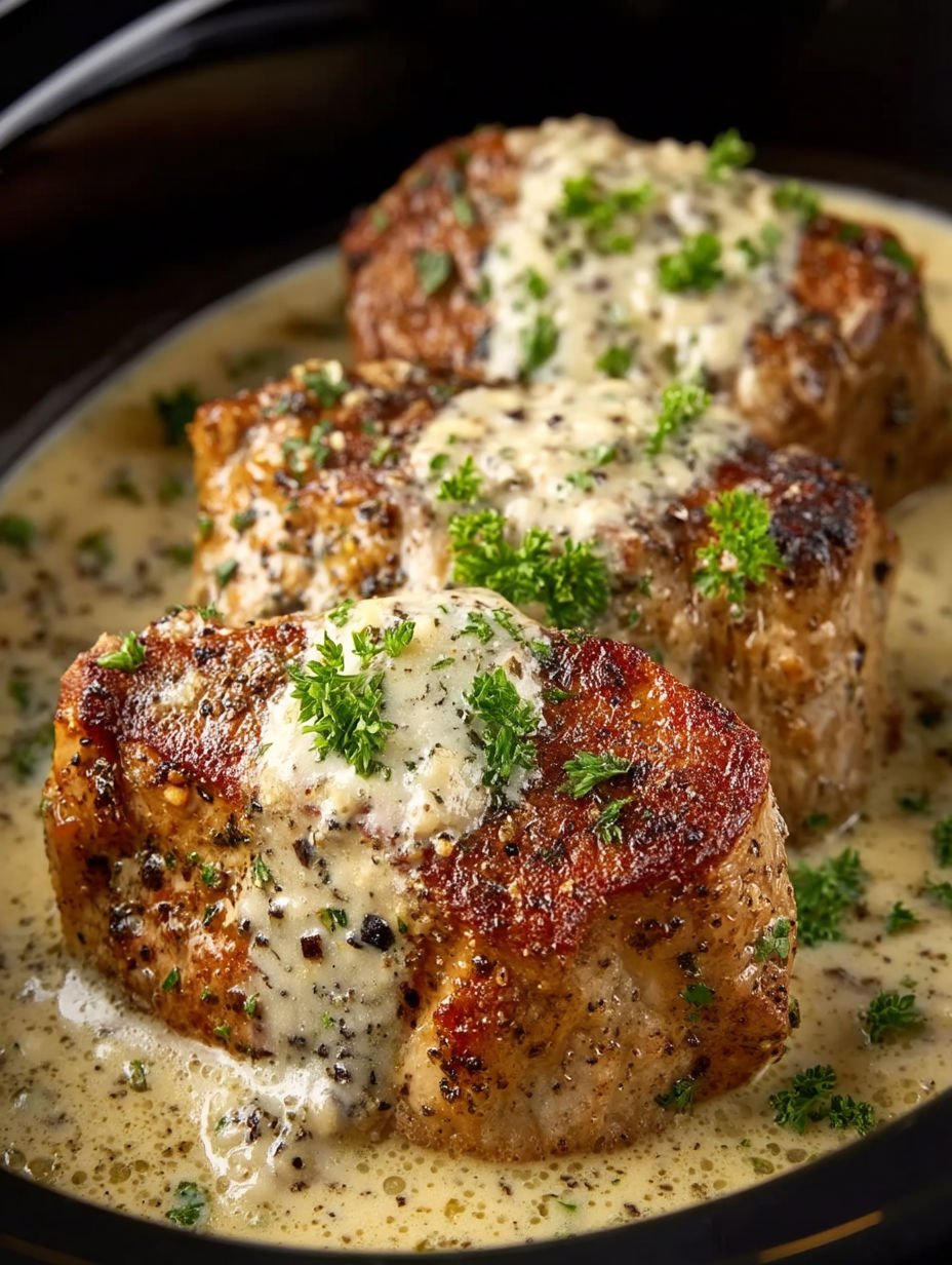 A close up of pork chops in a creamy garlic parmesan sauce.