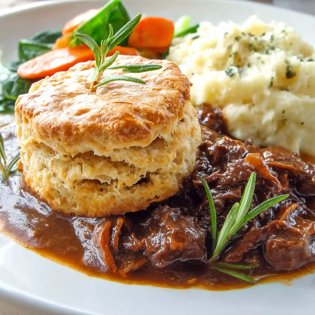A plate of food with a biscuit on top.