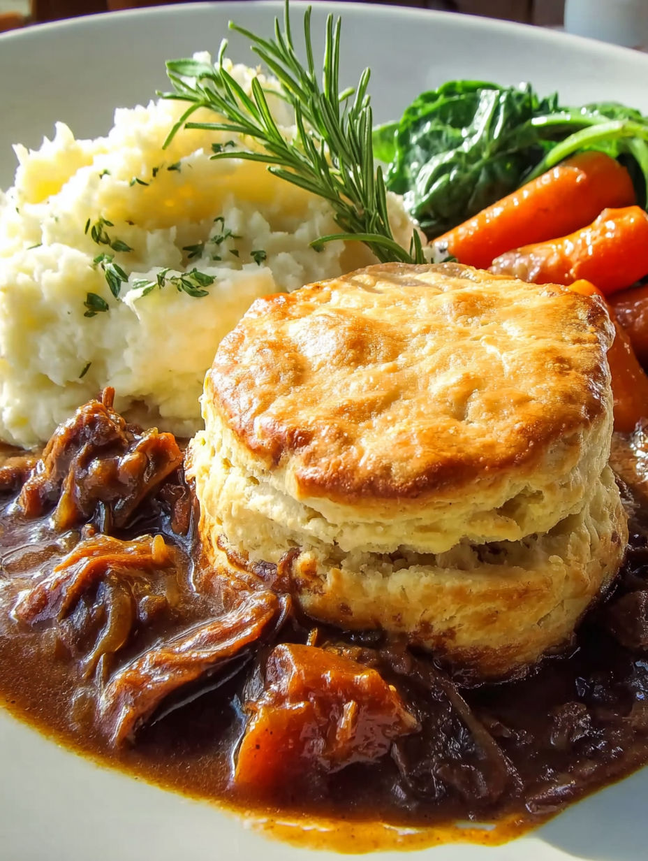 A close up of a delicious braised beef pot pie biscuit.
