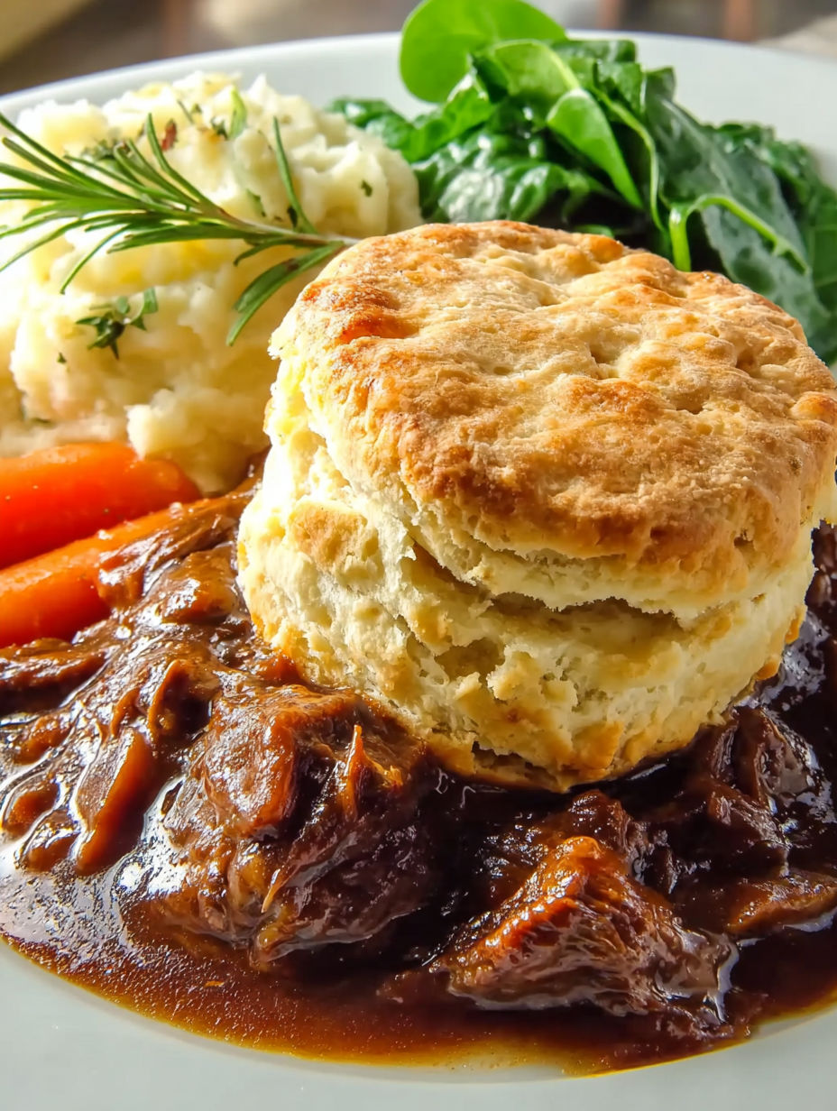 A biscuit is on top of a beef pot pie.