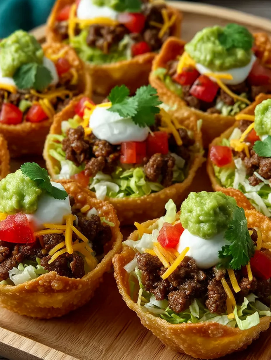 A variety of taco bites party cups.