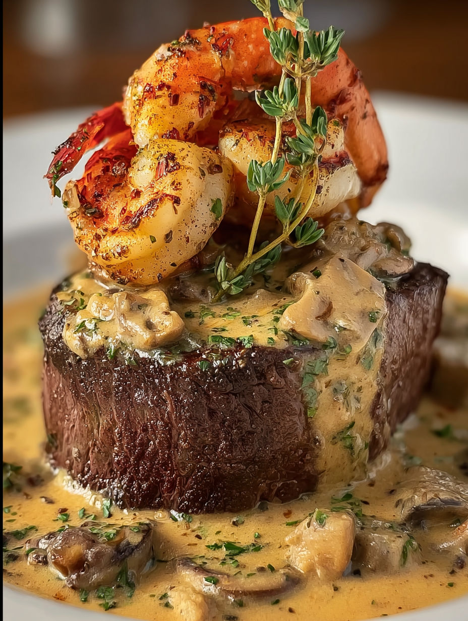 A plate of food with shrimp, lobster, and mushrooms.