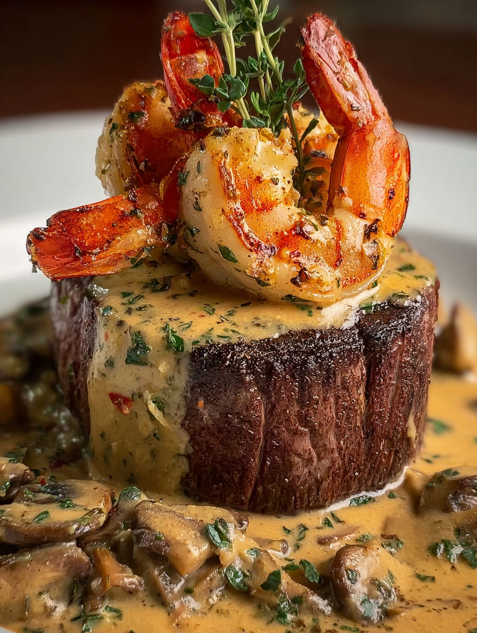 A plate of food with a steak, shrimp, and lobster on top.