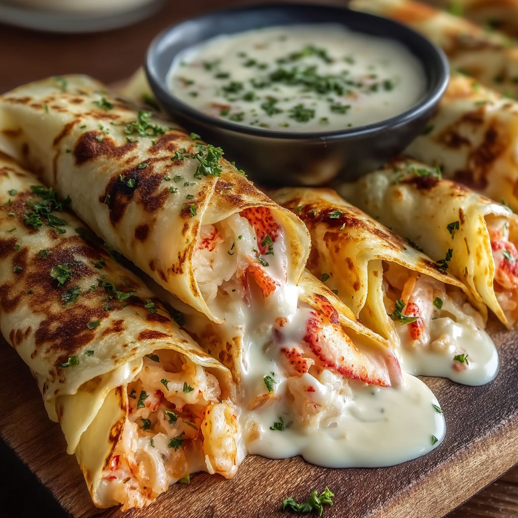A plate of food with a bowl of sauce and a crab cake.
