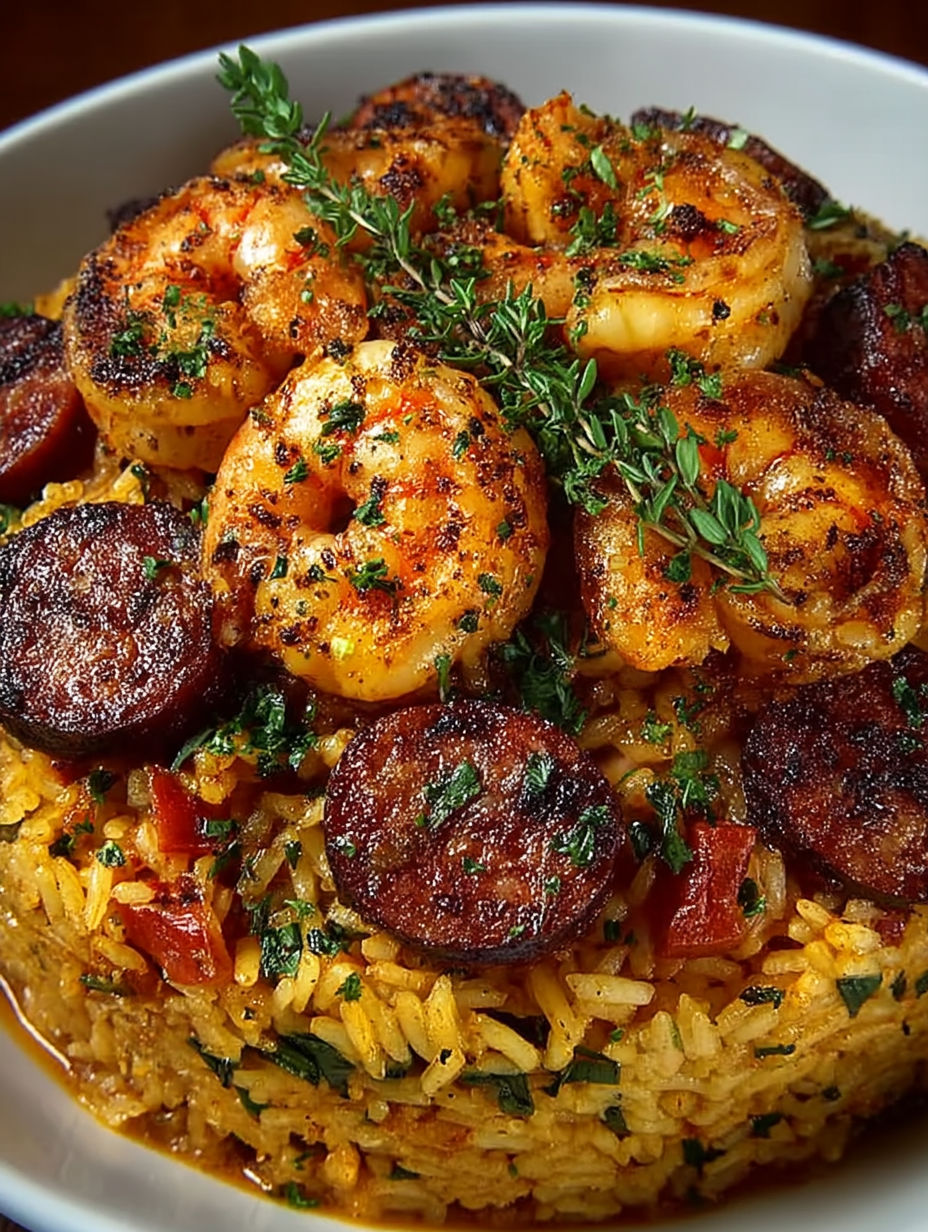 A plate of jambalaya with shrimp and sausage.
