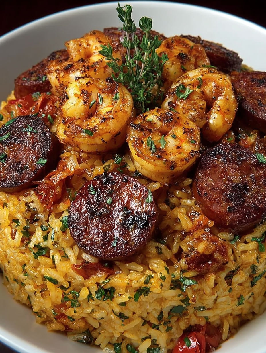 A plate of rice with shrimp and sausage.