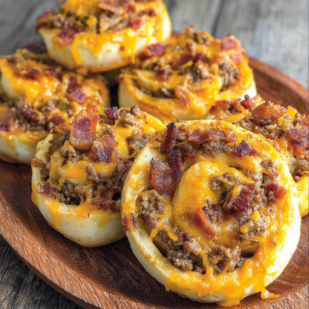 Bacon cheeseburger pinwheels on a wooden table.