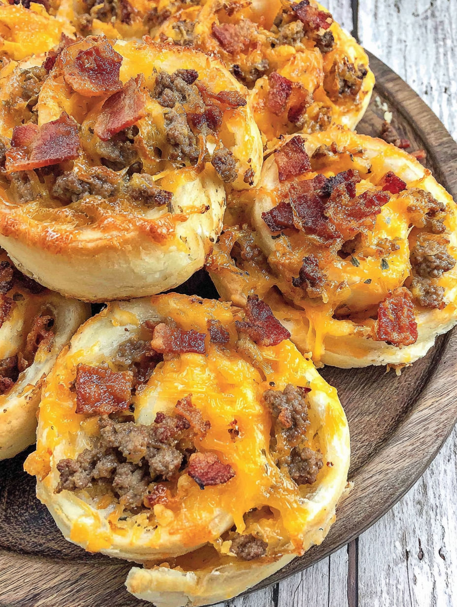 Bacon cheeseburger pinwheels on a wooden platter.