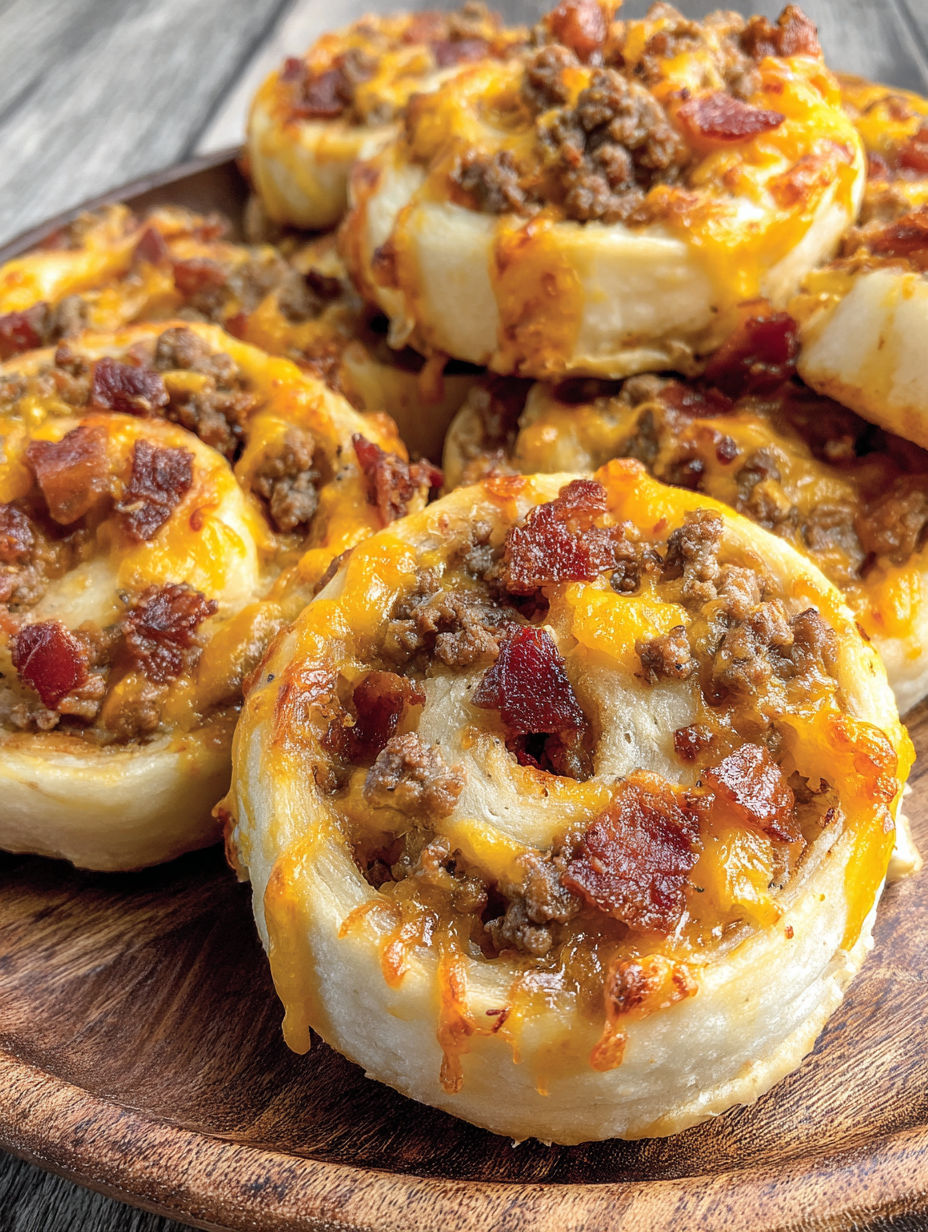 Bacon cheeseburger pinwheels on a wooden board.