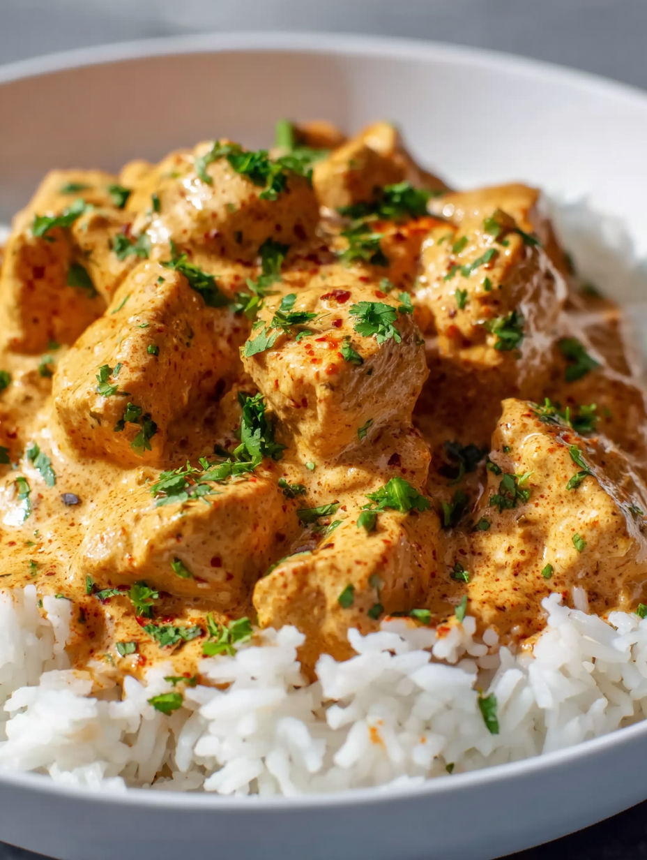 A plate of rice with chicken and a creamy sauce.