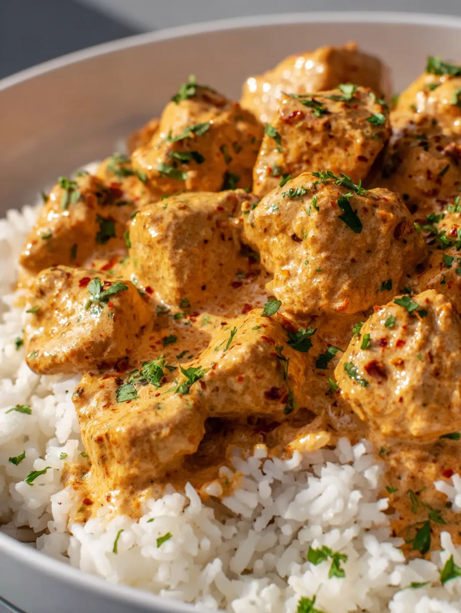 A plate of rice with chicken and sauce.