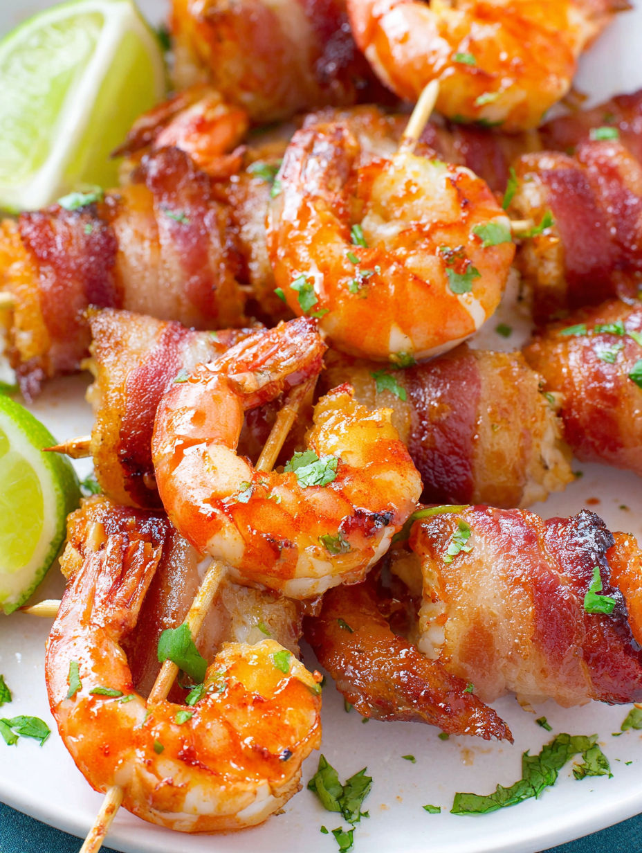 Bacon wrapped shrimp on a plate.