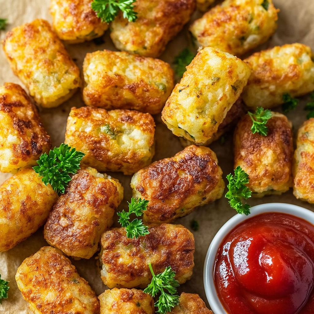 Golden tater tots with ketchup.