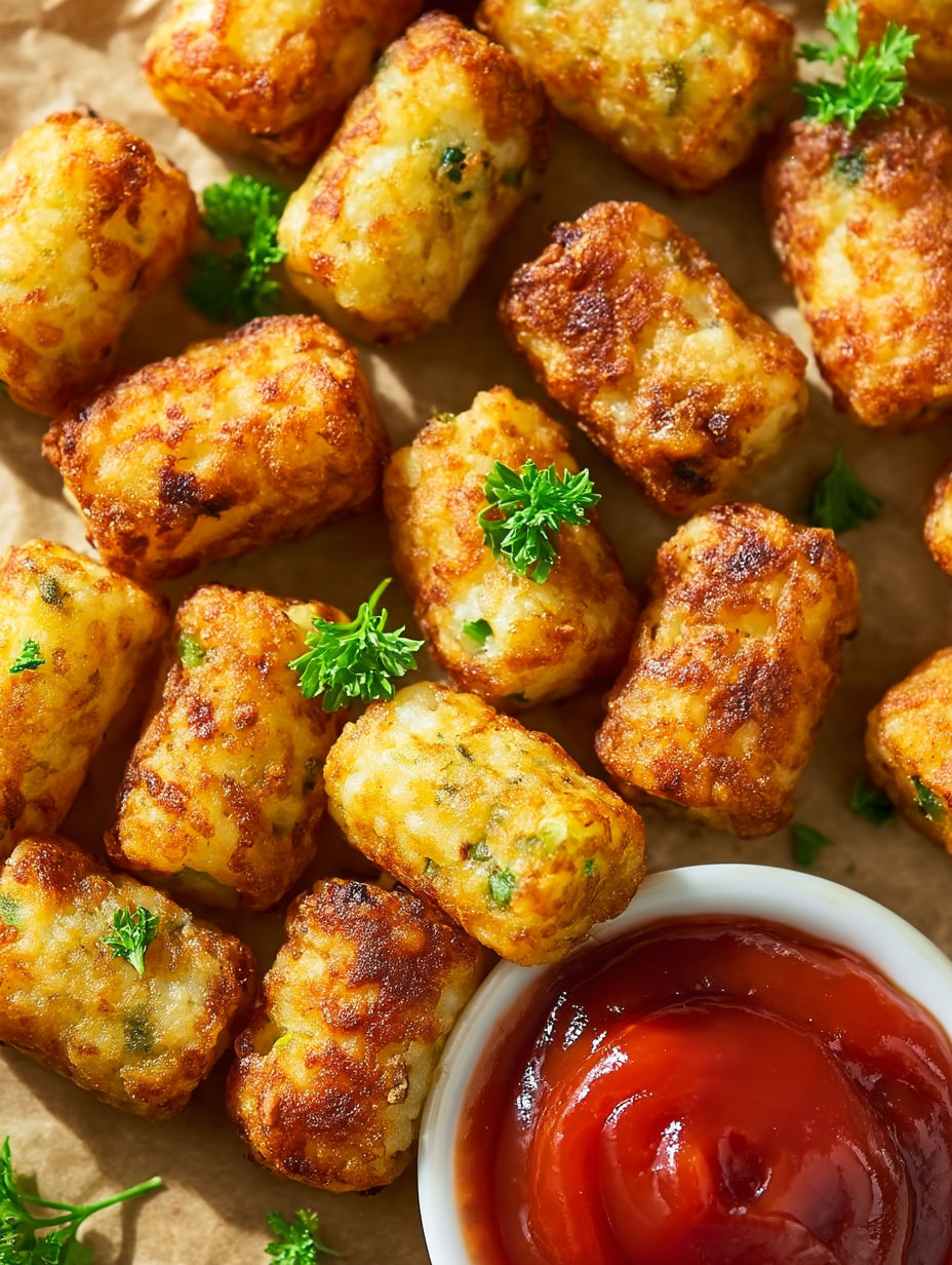 Golden tater tots with a side of ketchup.