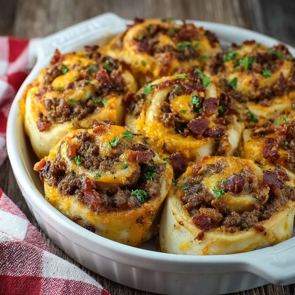 A white bowl filled with bacon cheeseburger pinwheels.