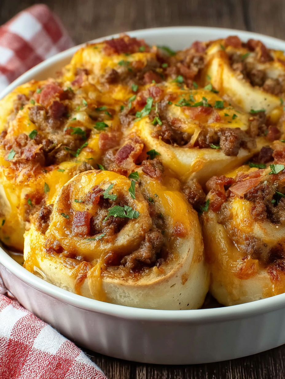 A bowl of bacon cheeseburger pinwheels.