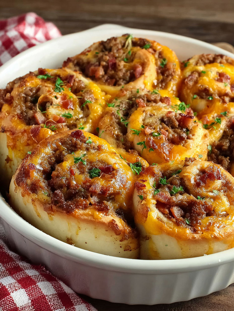 A bowl of bacon cheeseburger pinwheels.
