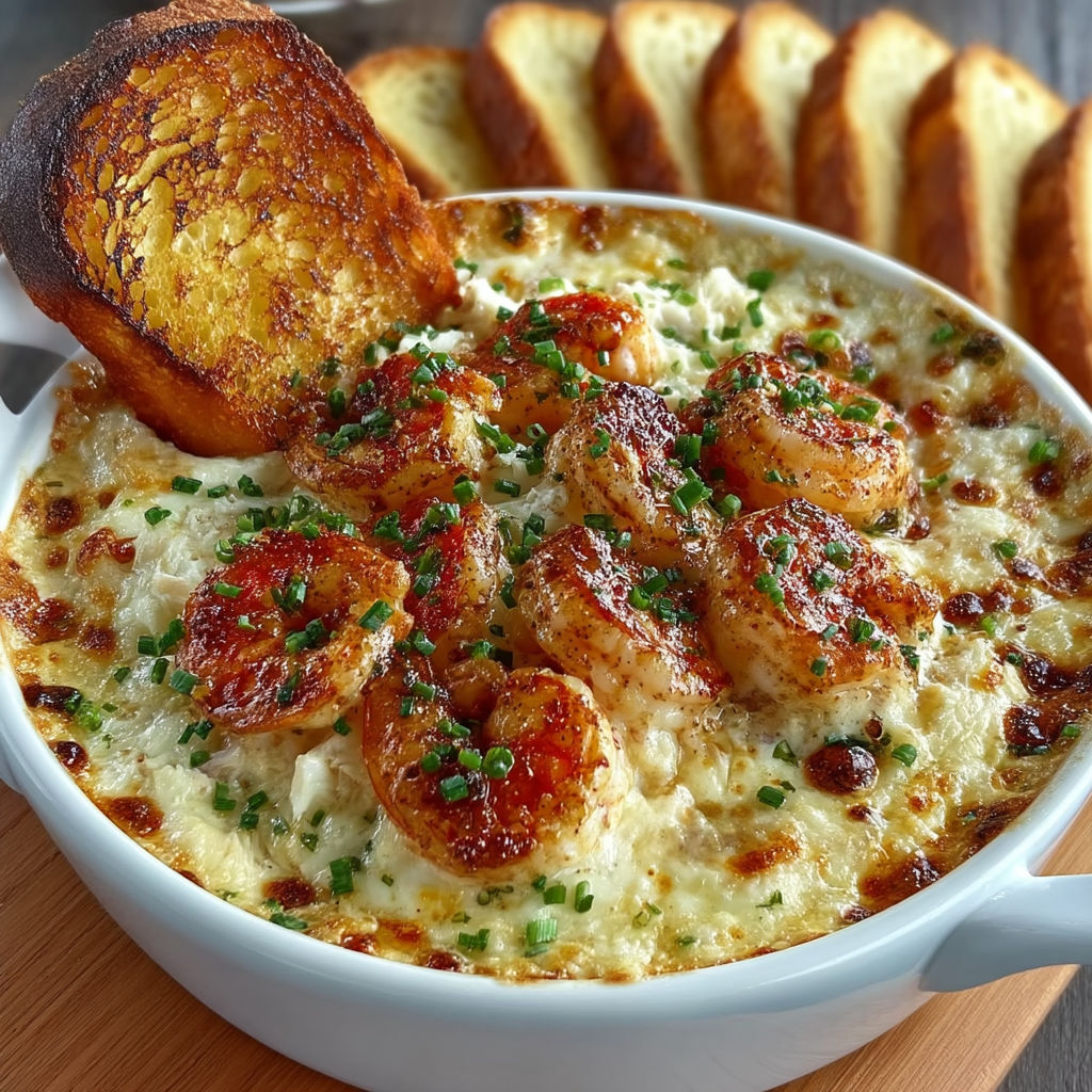 A bowl of shrimp and crab dip with a slice of bread on top.