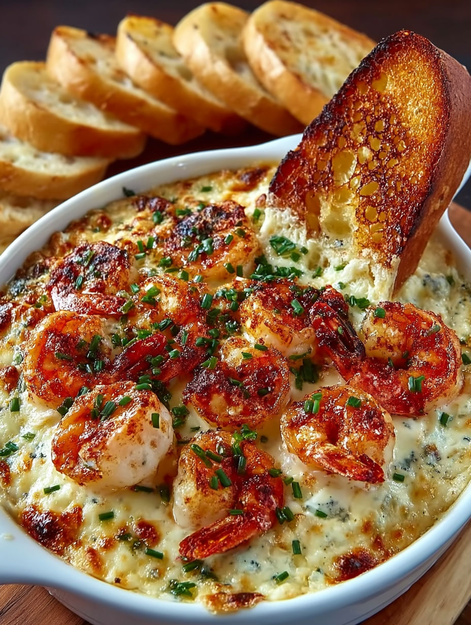 A bowl of cheesy shrimp crab bake dip with a piece of bread on top.