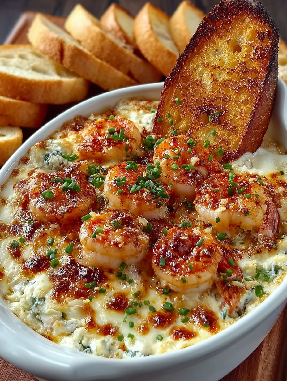 A bowl of cheesy shrimp crab bake dip.