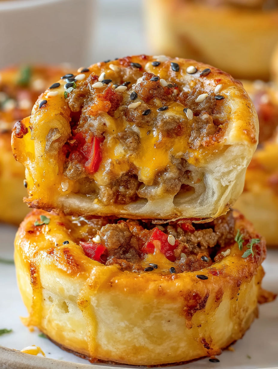 A close up of a cheeseburger pinwheel pizza bite.